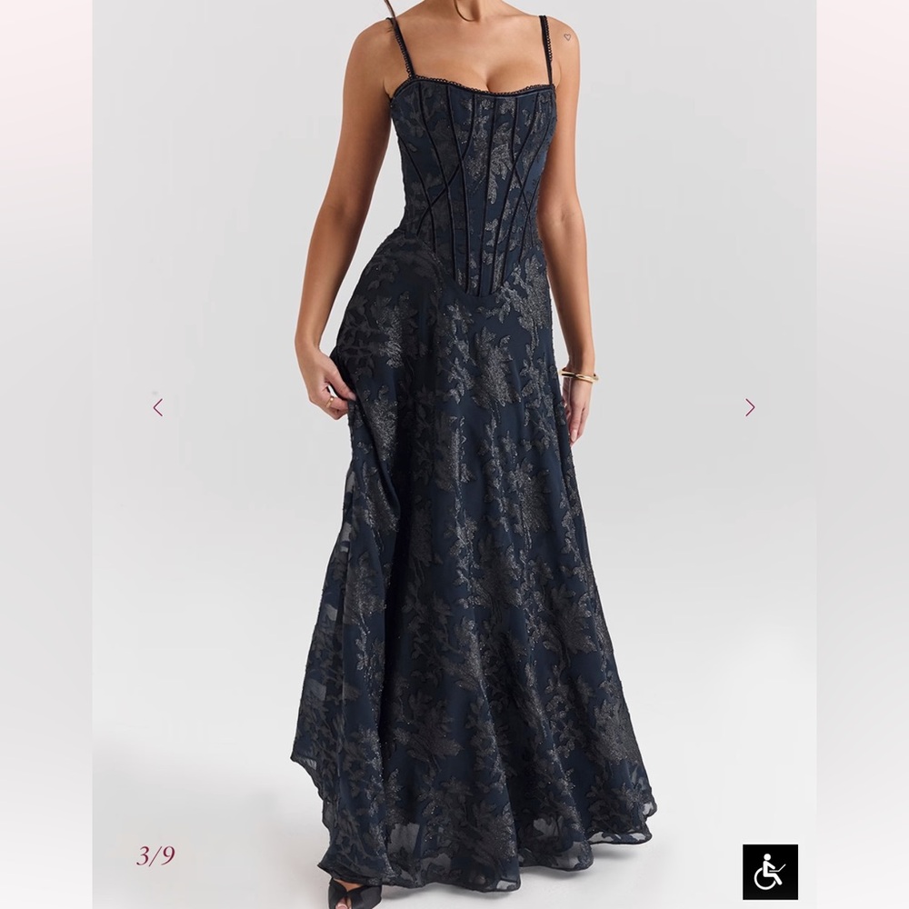 House of CB Esme Midnight Blue Lurex Chiffon Maxi Dress (NWT)